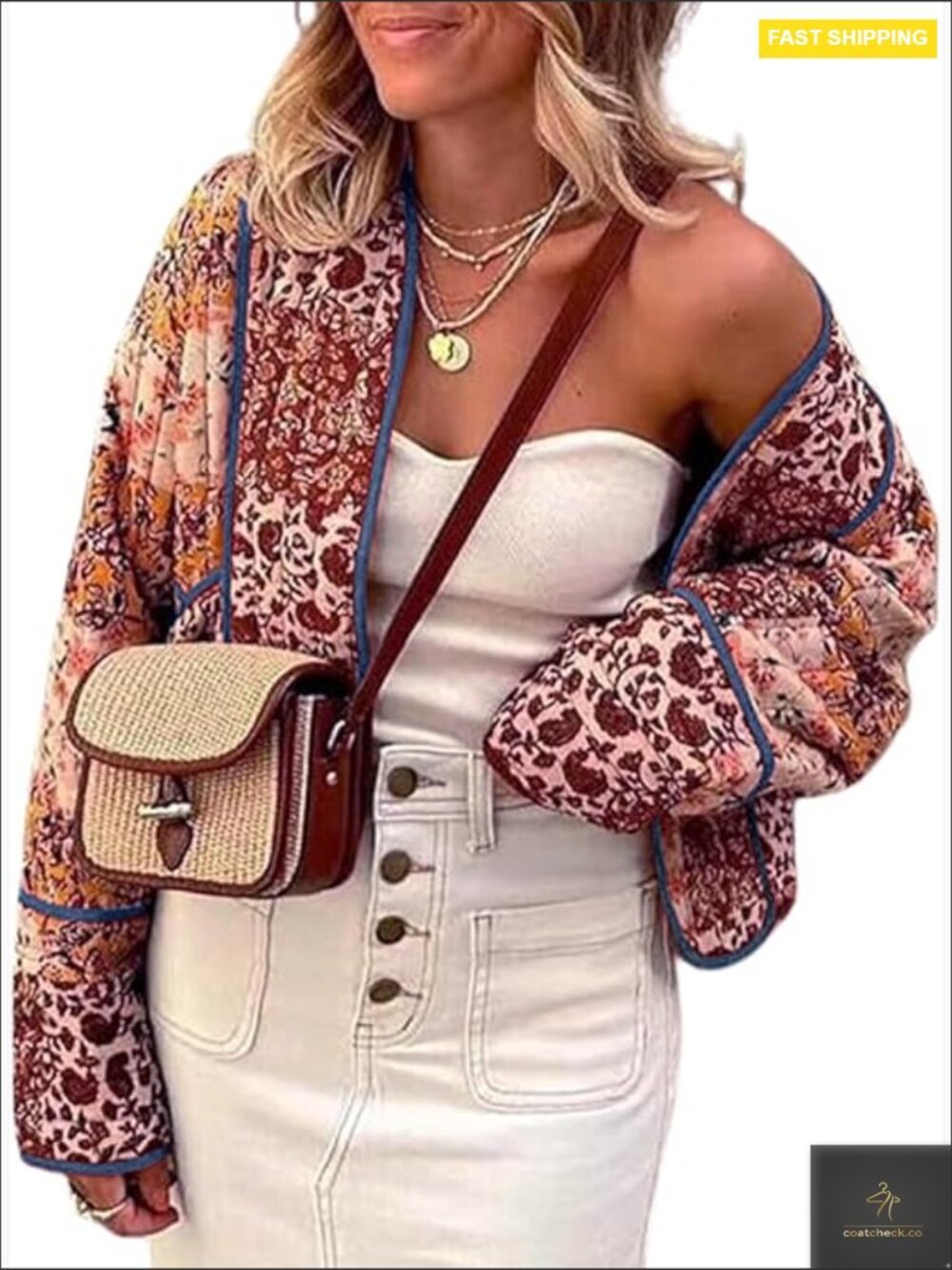 Reversible Quilted Puffer Jacket Cropped Floral Print Lightweight Chic Cardigan